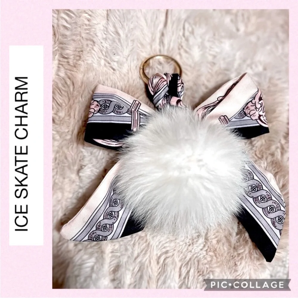 Elegant Ribbon Bow Fluffy Pom Bag Charm Keychain – Neutral Luxe Accessory